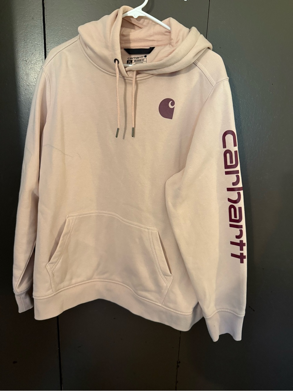 Carhartt Men’s Light Pink Crewneck Hoodie with burgundy Logo